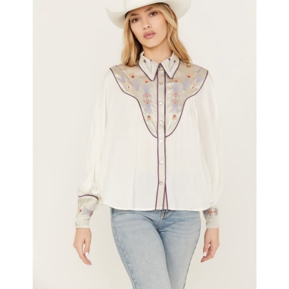 Shyanne Ranch Western Top Womens XXL White Embroidered Dolman Button Down‎ EUC